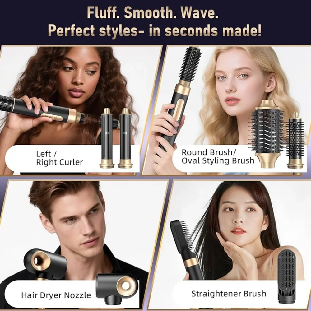 NEW! 6 in 1 Hot Air Brush & Hair Dryer with Auto Wrap Curlers Black Gold
